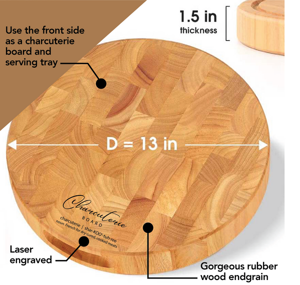 round end-grain wood charcuterie and cutting board